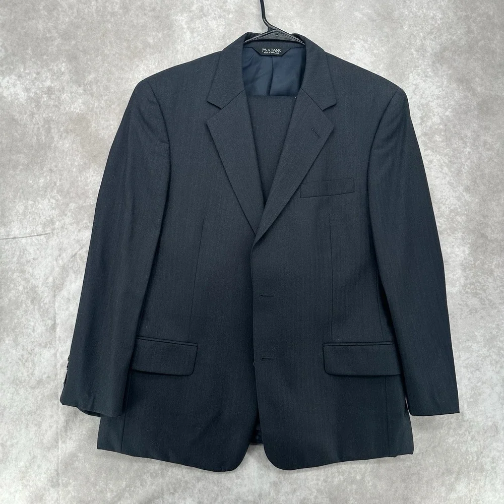 Jos A. Bank 42R 100% Wool Suit Black 2 Pc Pleated Pants 36R Men's Classic Fit